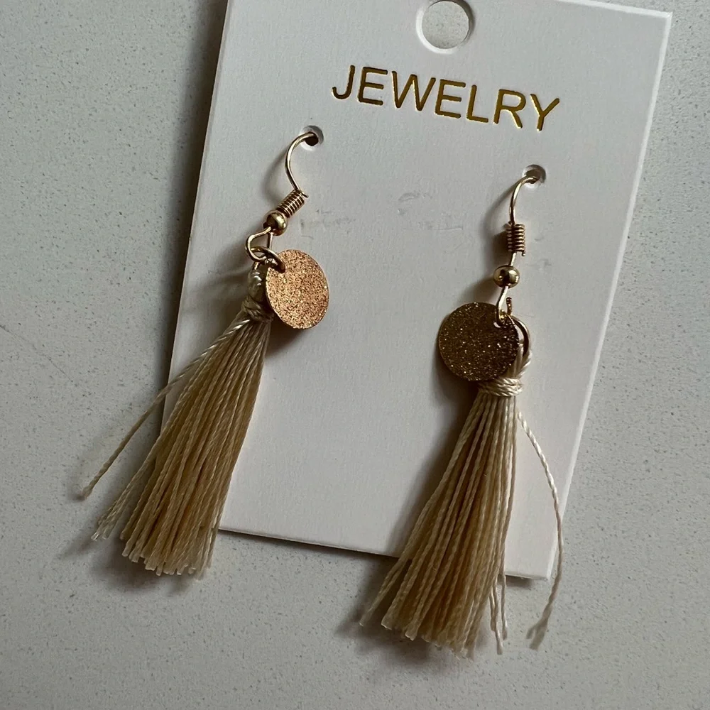 Brand New Cream Tassel Earrings with Gold Tone Accents